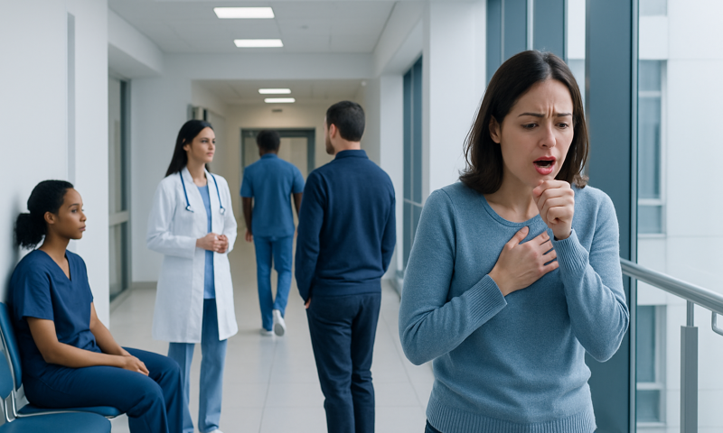 Woman with cough in hospital corridor with medical staff nearby.