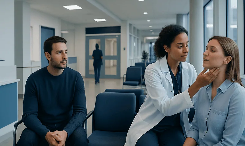 Doctor examining a patient's throat in a hospital waiting area.