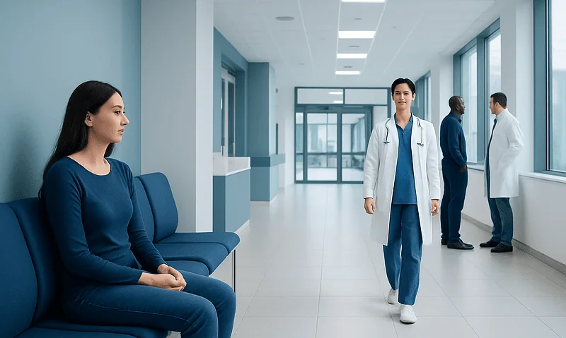Medical professionals and patient in a hospital corridor.
