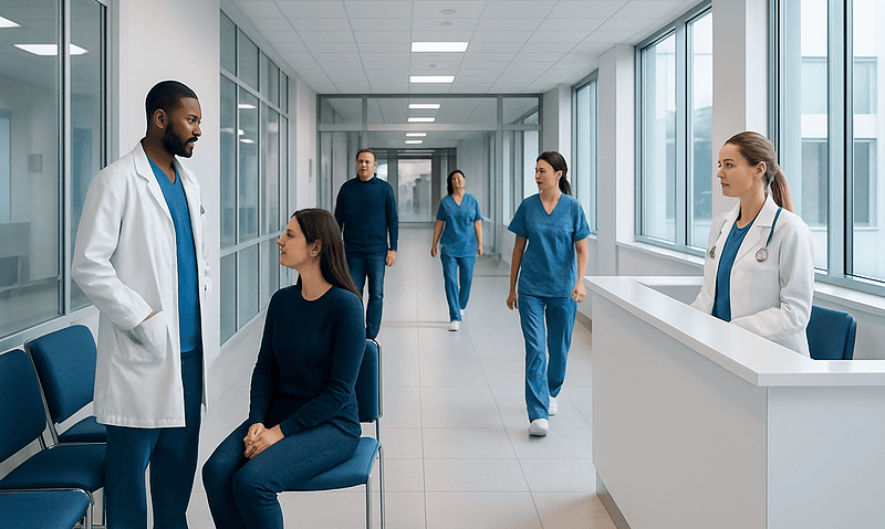 Medical team discussing patient care in hospital corridor.
