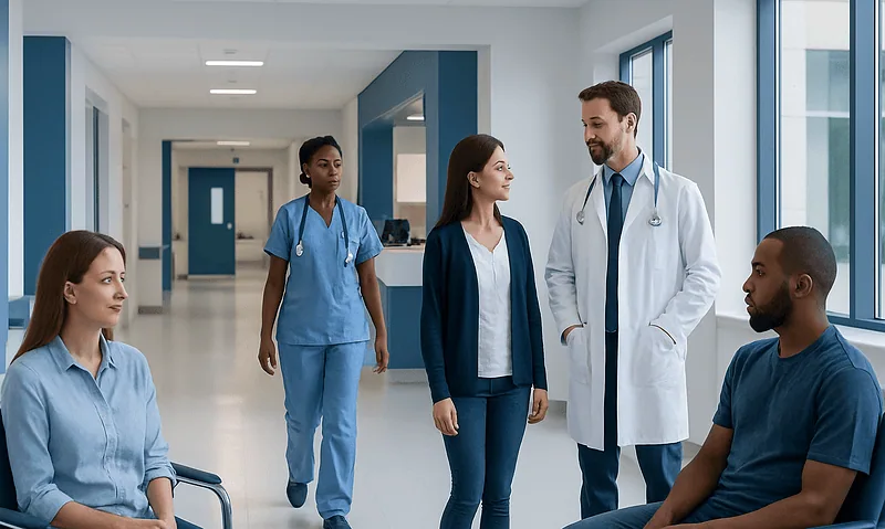 Medical team consulting in hospital corridor with patients and staff.