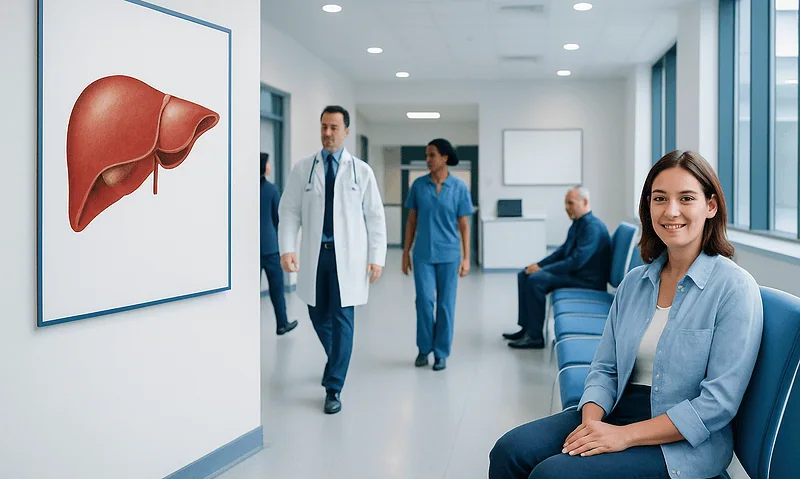Medical professionals in a hospital corridor with liver illustration on the wall.