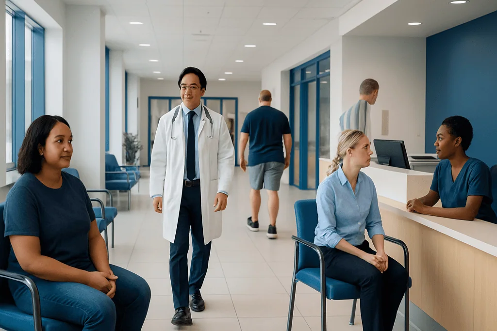 How to Lose 10 Pounds in a Month? Causes, Explanations, and Next Steps 1 Medical staff and patients in a modern hospital waiting area.