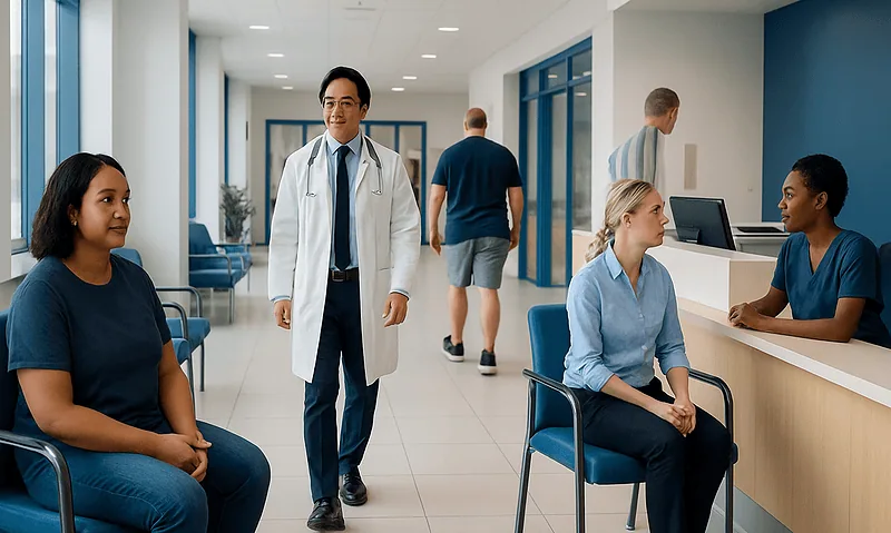 Medical staff and patients in a modern hospital waiting area.