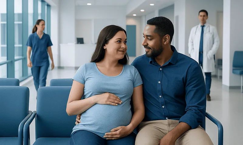 Pregnant woman and partner talking in hospital waiting area.