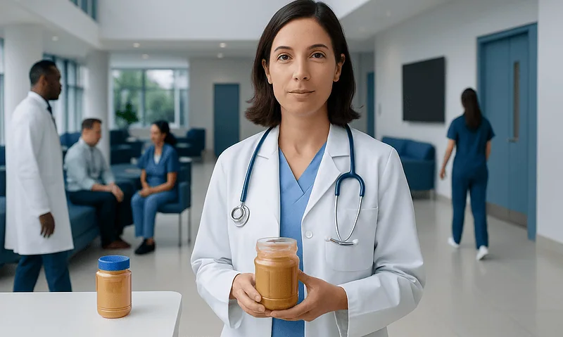 Healthcare professional holding a jar of peanut butter in a hospital setting.