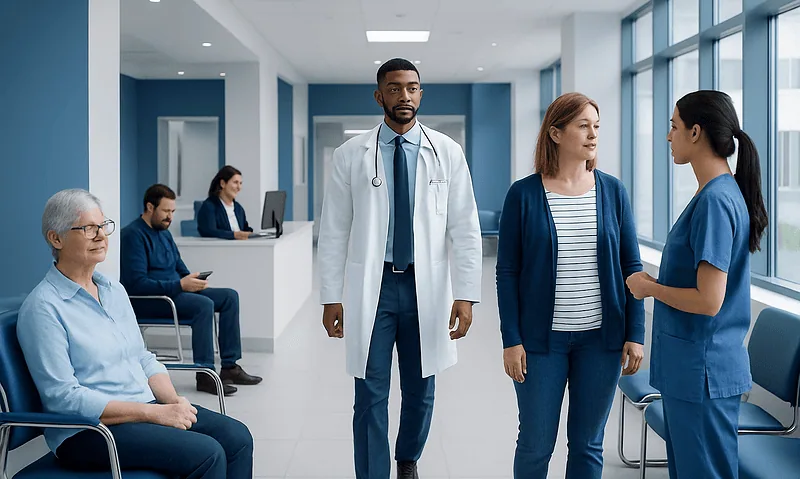 Medical team consulting with a patient in a hospital corridor.