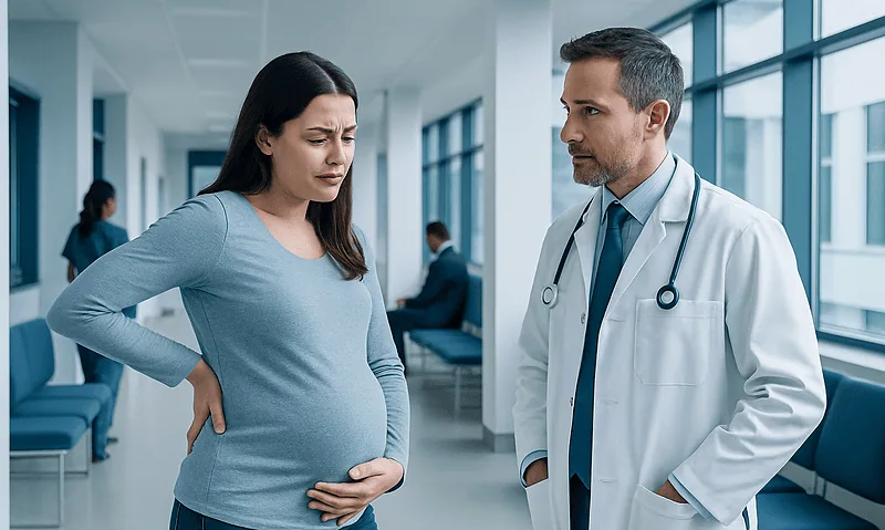 Pregnant woman experiencing back pain during a medical consultation.