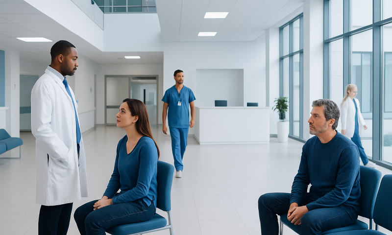 Medical consultation in a modern hospital waiting area with healthcare professionals and patients.