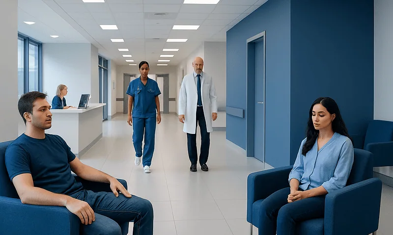 Patients waiting in a hospital corridor with medical staff nearby.