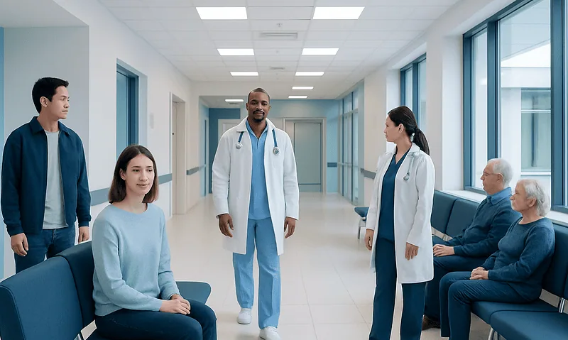 Medical team consulting with patients in a hospital corridor.