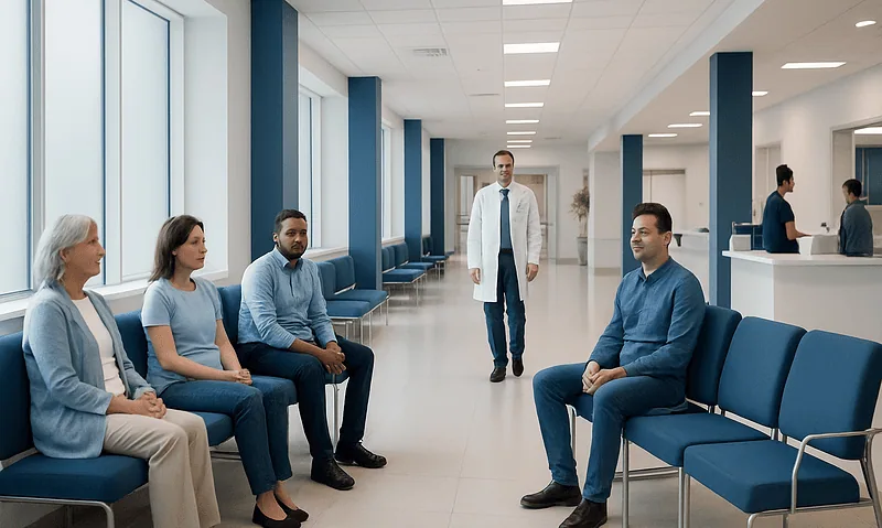 Patients waiting in a hospital corridor with a doctor approaching.