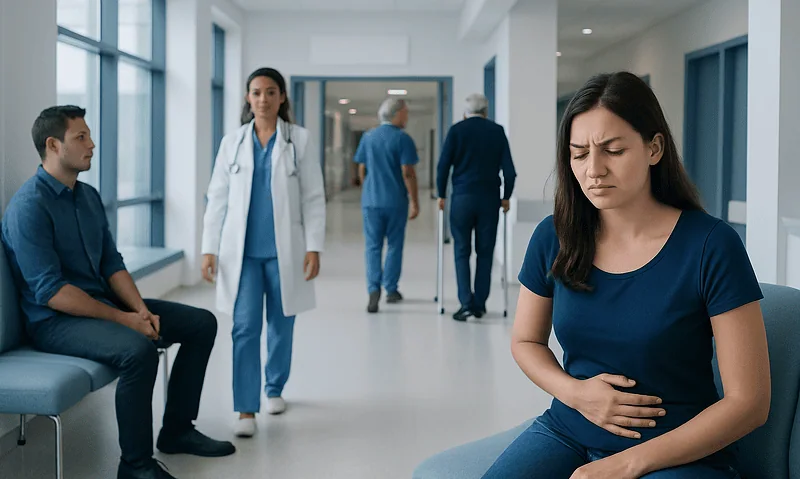 Bloating Menstrual: What Is Normal, What Is Not, and When to Seek Care 6 Woman experiencing abdominal pain in hospital corridor.