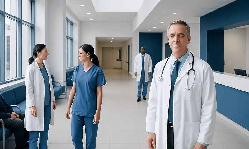 Medical team in hospital corridor at Acibadem Hospitals Group.