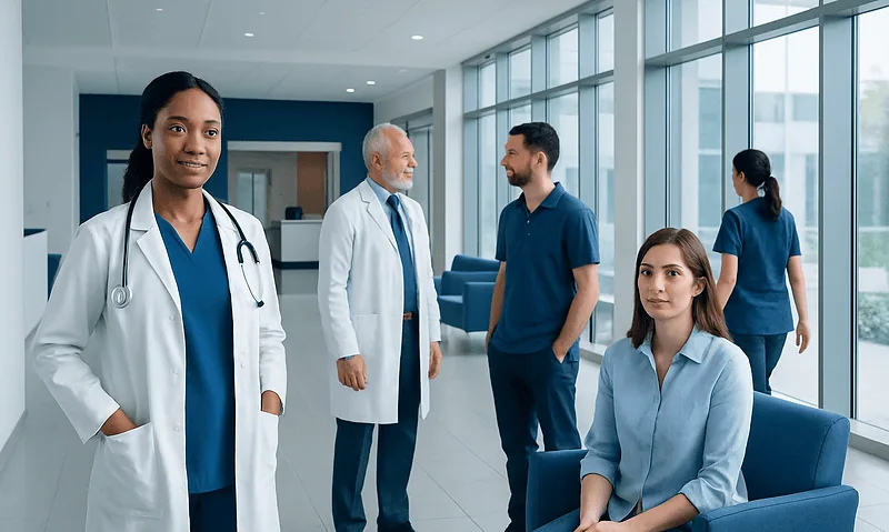 Medical professionals and patients in a modern hospital lobby.