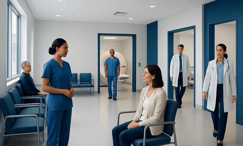 Medical professionals and patient in a hospital waiting area.
