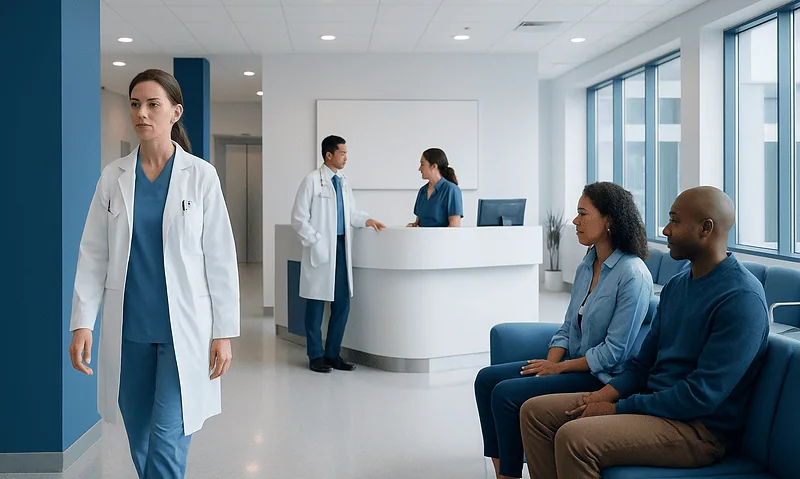 Medical professionals and patients in a modern hospital waiting area.