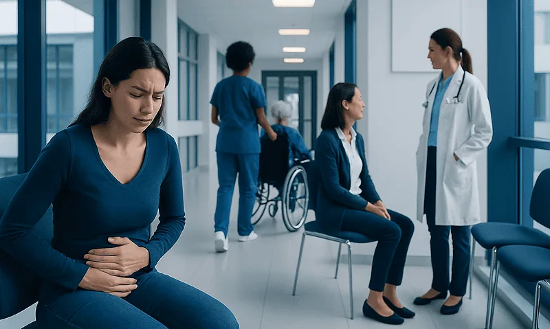 Woman experiencing stomach pain in a hospital corridor.