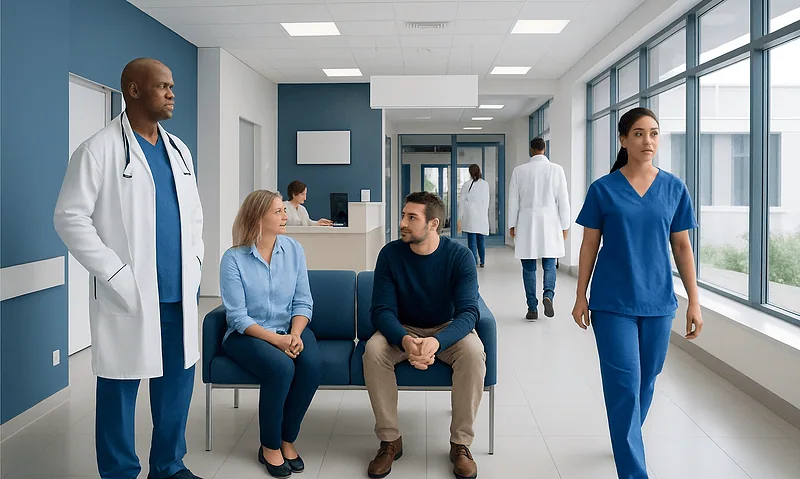 Hospital waiting area with medical staff and patients at Acibadem Hospitals Group.