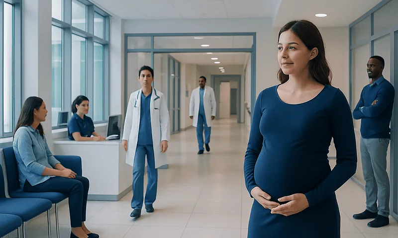 Can You Take Nyquil While Pregnant? Causes, Explanations, and Next Steps 9 Pregnant woman in hospital corridor with medical staff and patients.
