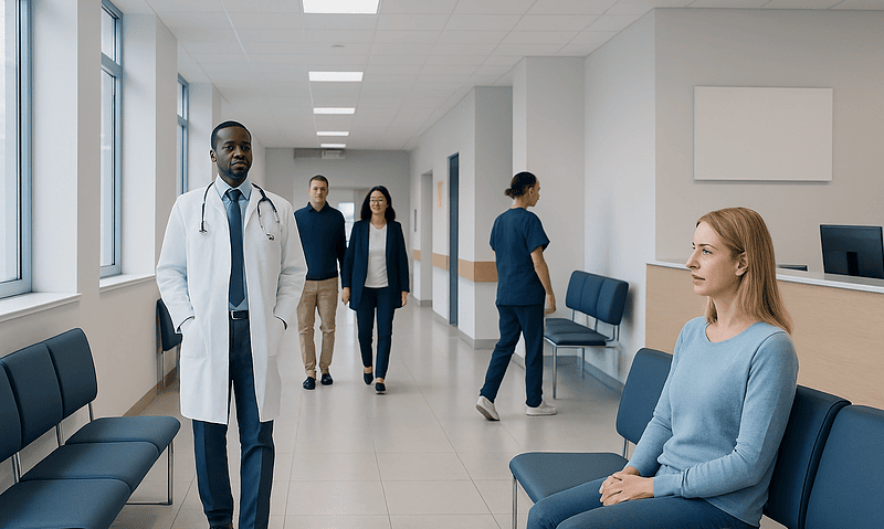 Medical professionals and patient in a hospital corridor.