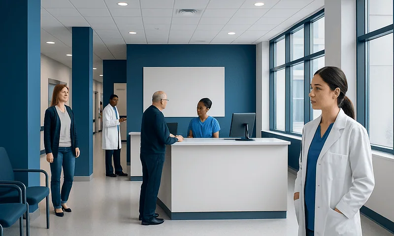 Hospital reception area with medical staff and patient.