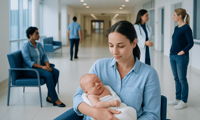 Healthcare professionals and a mother with a newborn in a hospital corridor.