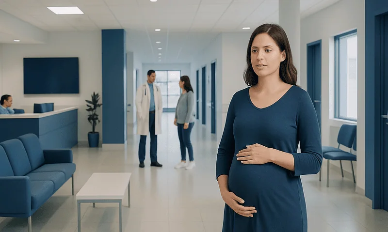 Pregnant woman waiting in hospital corridor at Acibadem Hospitals Group.