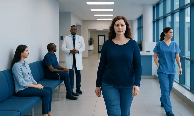 Young woman walking through hospital corridor with medical staff and patients.