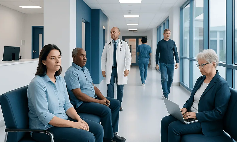 Patients waiting in a hospital corridor with medical staff nearby.