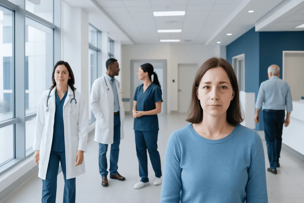 Pink Eye Contagious — Explained by Medical Evidence, Not Myths 1 Young woman with eye discomfort in hospital corridor with medical staff.