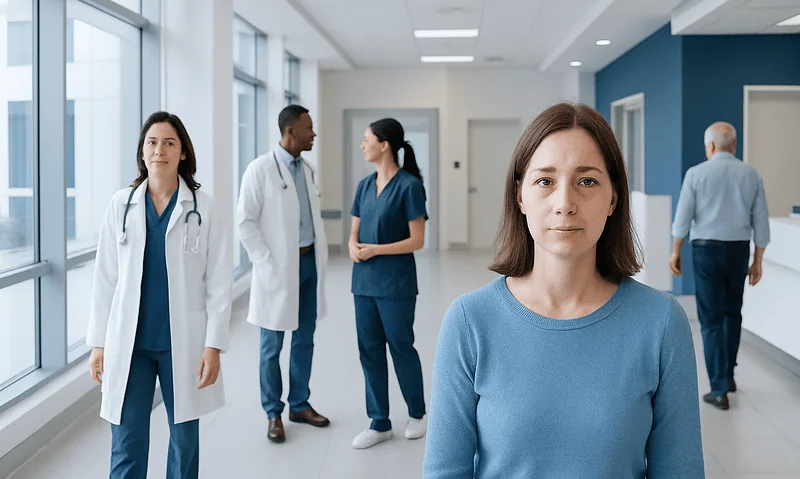 Young woman with eye discomfort in hospital corridor with medical staff.