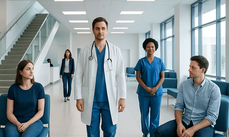 Medical team in hospital corridor with doctor and nurses.
