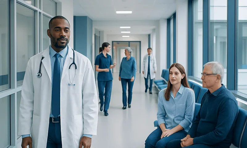 Medical team and patients in a hospital corridor at Acibadem Hospitals Group.