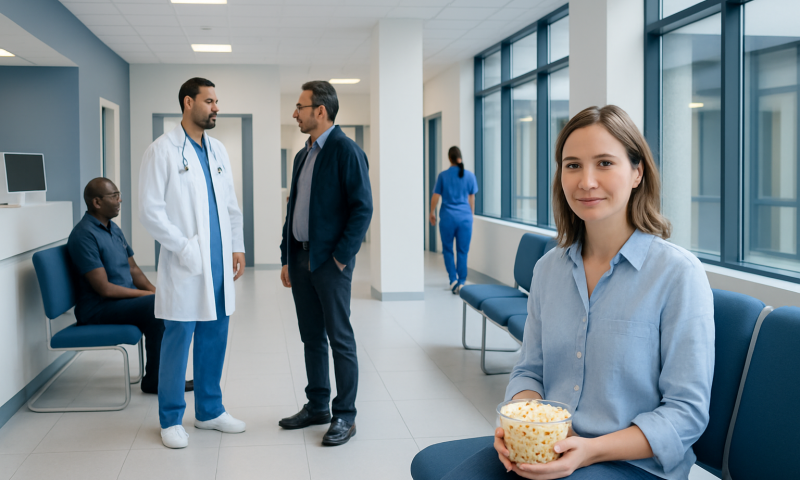 Hospital waiting area with medical staff and patient, healthcare environment.