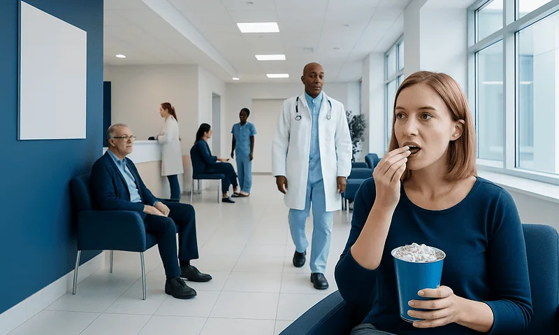 Young woman eating popcorn in hospital waiting area with doctors and patients.