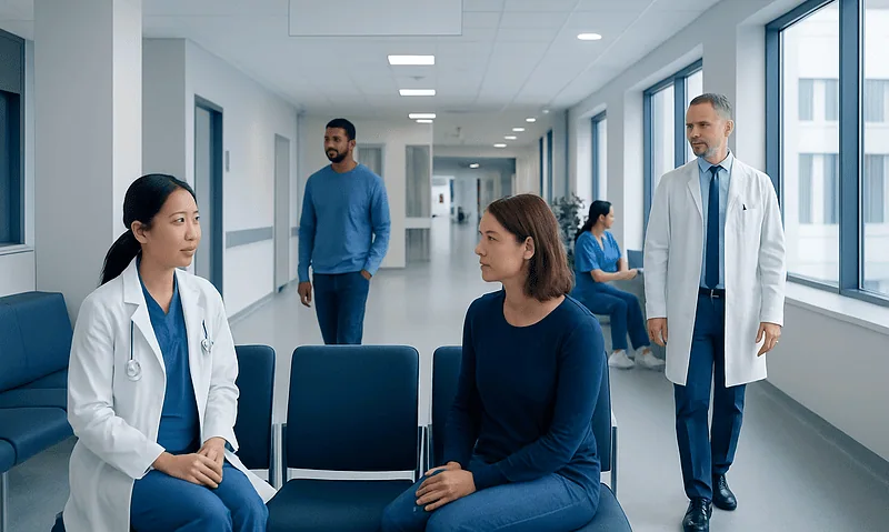 Medical consultation in a hospital corridor with doctors and patients.
