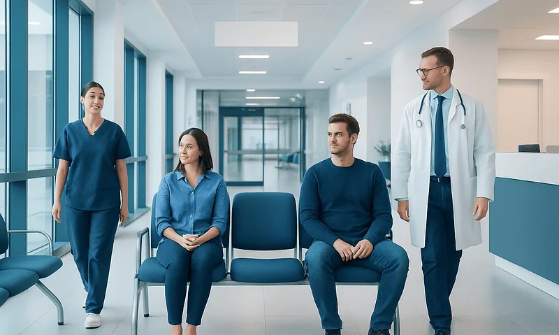 Medical professionals and patients in a hospital waiting area.