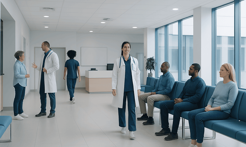 Healthcare professionals and patients in a modern hospital waiting area.