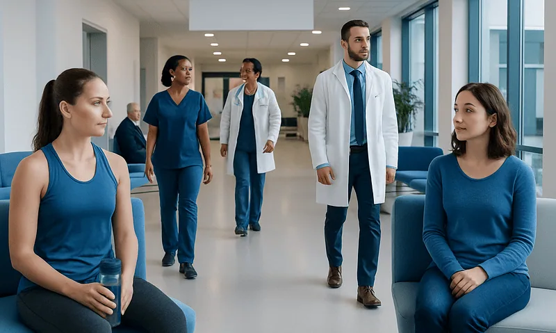 Healthcare professionals and patients in a hospital corridor.