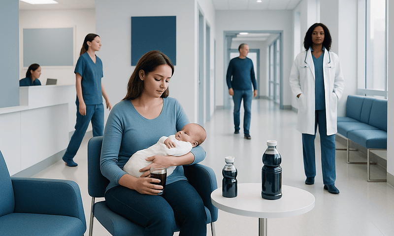 Newborns and Prune Juice: What Patients Need to Know 5 Mother with newborn in hospital waiting area at Acibadem Hospitals Group.