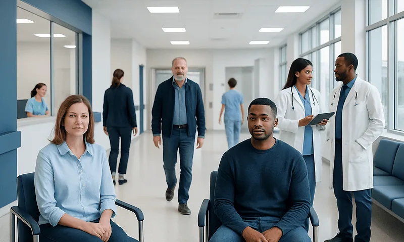Patients waiting in a modern hospital corridor with medical staff nearby.