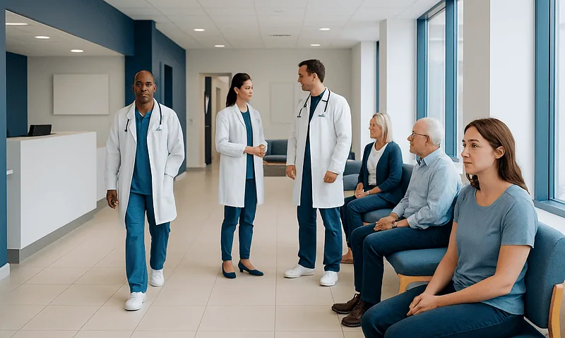 Medical team consulting with patients in a modern hospital corridor.