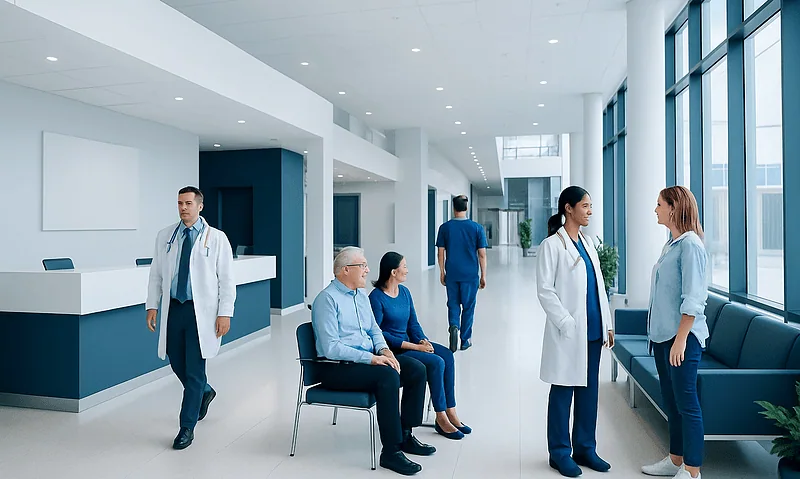 Modern hospital corridor with doctors and patients engaging in conversations.