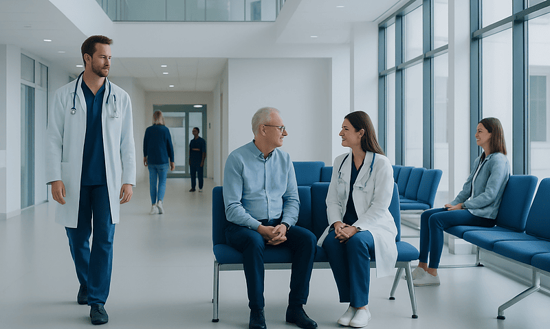 Doctors and patients in a modern hospital waiting area.