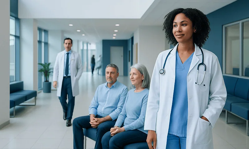 Healthcare professionals and patients in a modern hospital corridor.