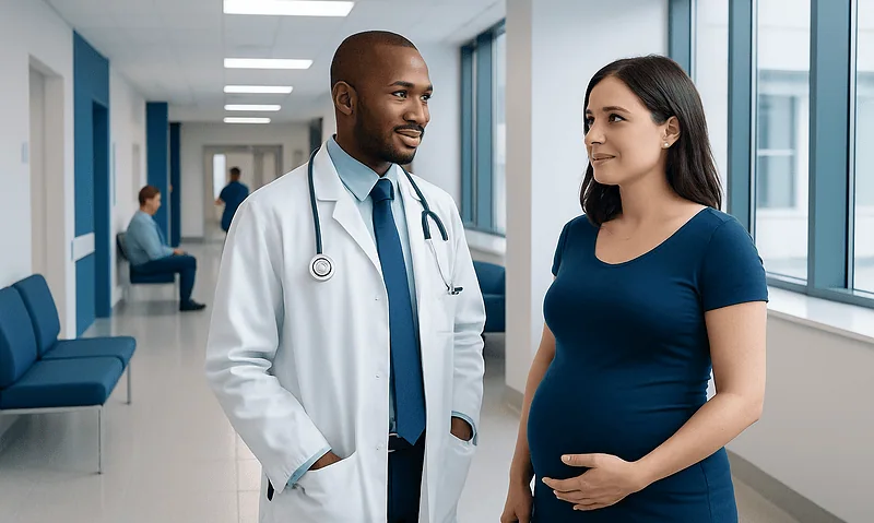 Doctor talking to pregnant woman in hospital corridor.