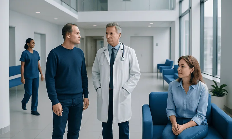Medical consultation in a modern hospital with doctor and patients.