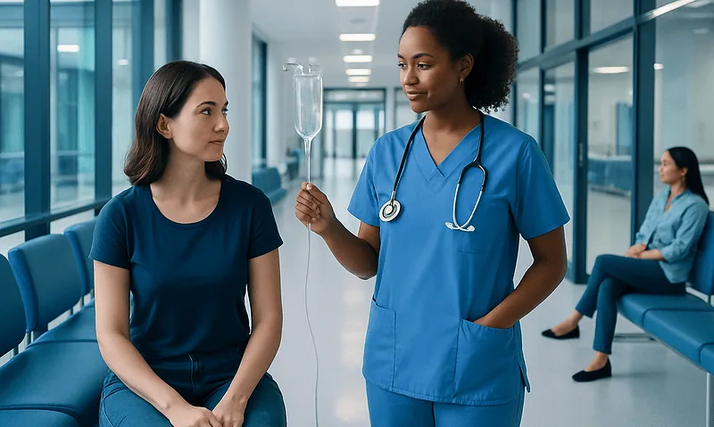 Saline Solution for Nipple Piercings: An Evidence-Based Guide for Patients 6 Nurse preparing IV drip for patient in hospital corridor.