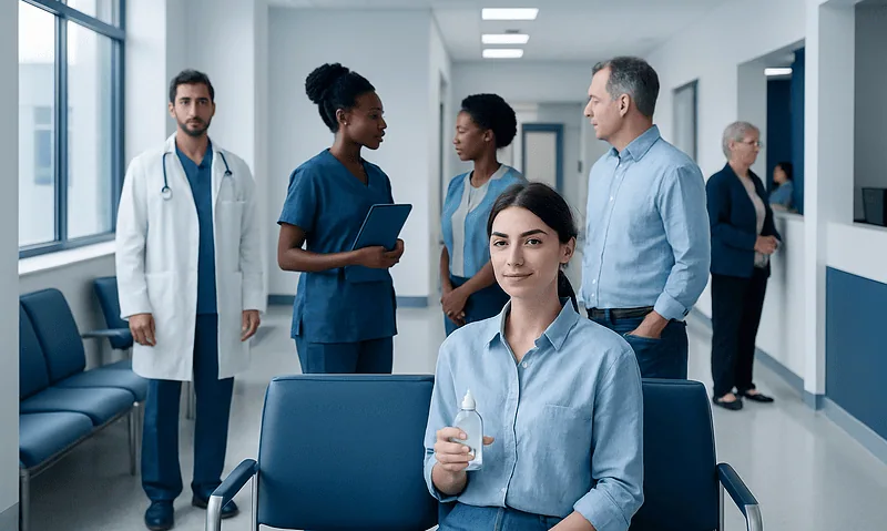 Medical staff and patient in a hospital corridor at Acibadem Hospitals Group.